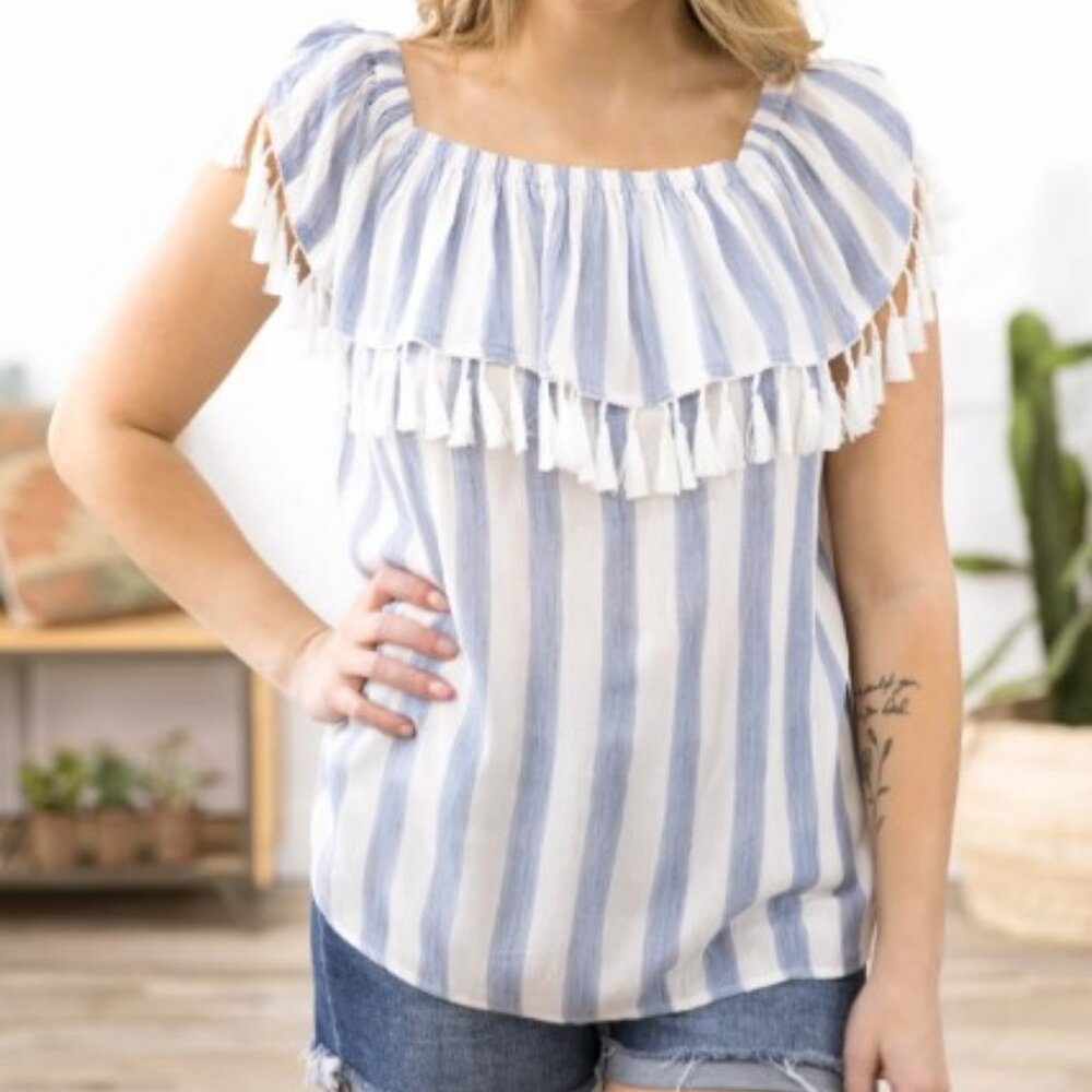 Dusty Blue and White Tassel Trim Stripe Top (Sz M)